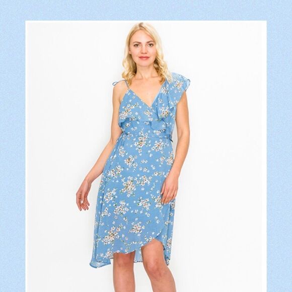 🆕 Blue Floral Wrap Dress Med Lg - Picture 3 of 8